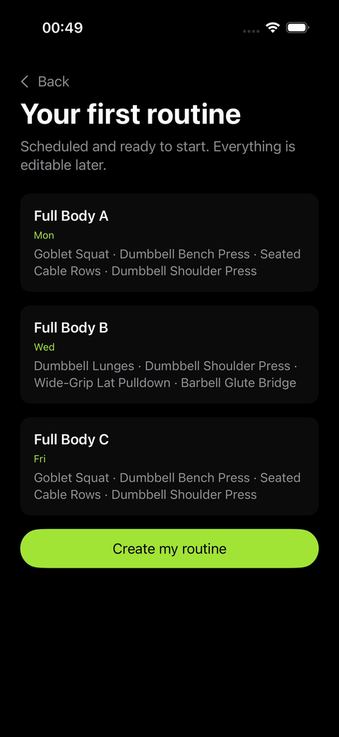 SteadyGym routine preview showing three editable full body workouts